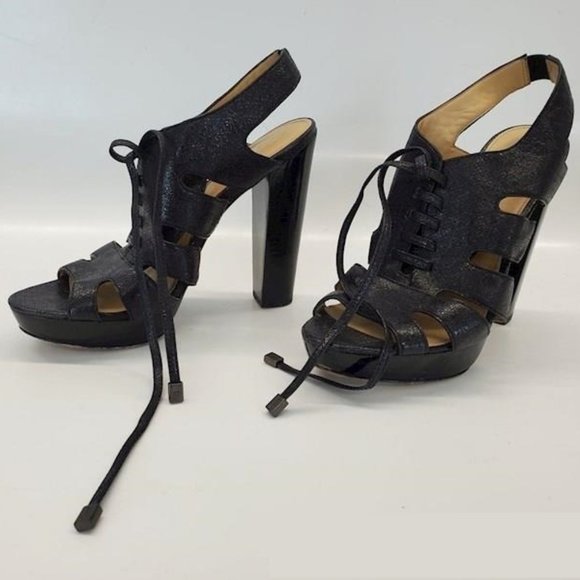 COACH Moreen Leather Black Lace Up Gladiator Heels Open Toe Sandals Sz 8 EUC - Picture 1 of 6